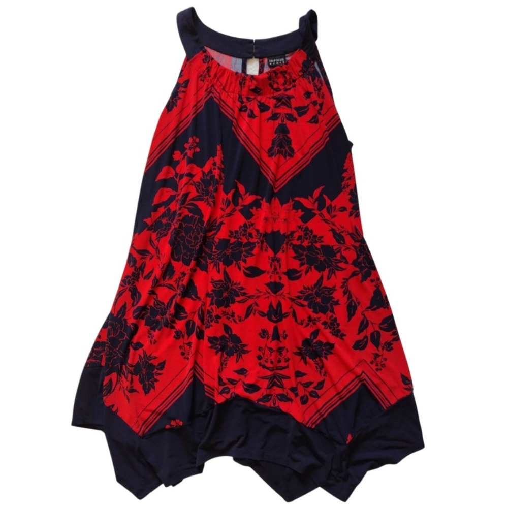 Enfocus Dress Woman's 18W Red Black Floral Asymmetrical Hem Sleeveless Key Hole